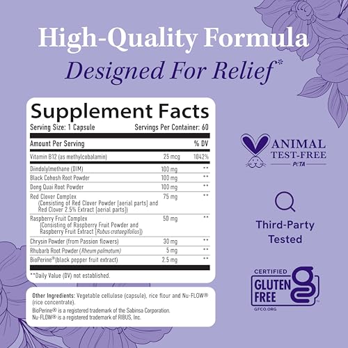 Menopause Supplement for Women Hot Flashes, Night Sweats, Hormone Balance | Menopause Relief for Women & Perimenopause Support, With Black Cohosh DIM and Red Clover, Third-Party Tested, 60 Capsules