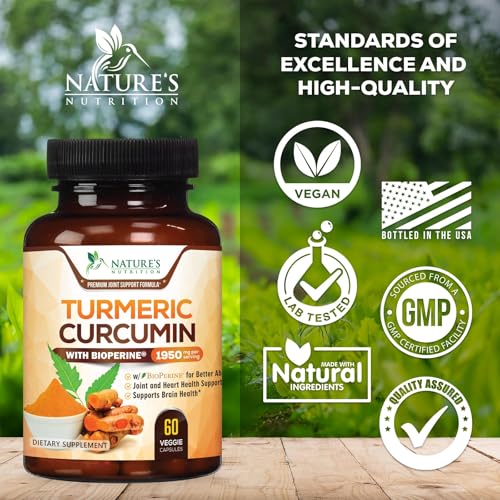 Turmeric Curcumin Supplement - 1950mg Organic Turmeric - 95% Curcuminoids & BioPerine Black Pepper Extract for Best Absorption - Natural Vegan Joint & Immune Support, Bottled in USA - 60 Capsules