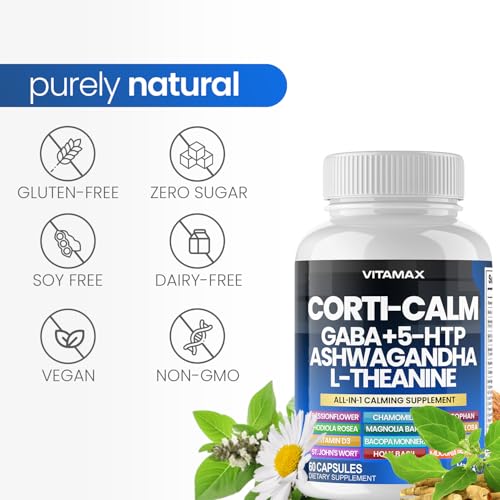 Corti-Calm Cortisol Supplement, L Theanine, Ashwagandha, Vitamin D 3, GABA for Relaxation, Fatigue & Focus with Ginkgo Biloba, Bacopa Monnieri, 5-HTP – Non-GMO, Made in USA – 60ct