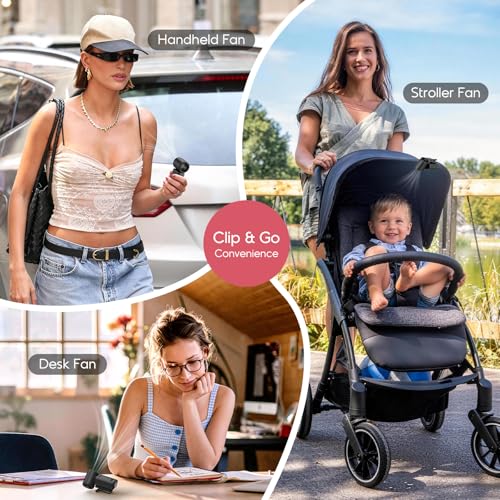 Clip-On Portable Fan for Strollers, 13500RPM Mini Handheld Turbo Travel Fan | Rechargeable 360° Rotatable, LED Display, 4 Gear High Speed Turbo, Travel Cruise Concert Office Makeup Ideal, Women Men Gifts