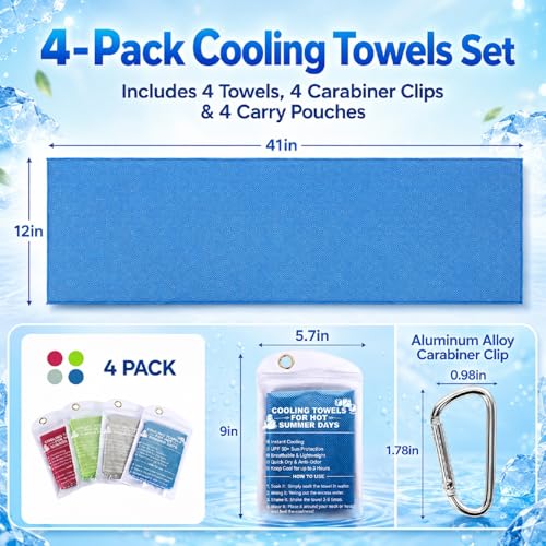 4 Pack Cooling Towels (40" × 12"), Soft Breathable Cooling Microfiber Ice Towels for Neck & Face, Instant Cooling Neck Wraps for Golf, Gym, Running, Yoga, Camping, Outdoor Sports & Hot Weather