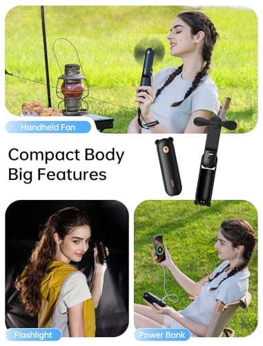 JISULIFE Handheld Fan 8 Plus: 40H Cooling & 4500mAh PowerBank & Flashlight | USB Rechargeable, Portable Pocket Size for Travel, Makeup, Concerts, Summer Gifts for Women(Black)
