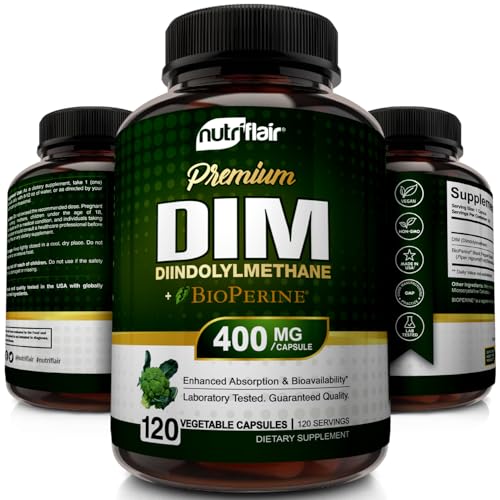 NutriFlair DIM 400mg with BioPerine, 120 Capsules - High Potency Diindolylmethane Supplement - for Men & Women - Vegan, Non-GMO - 4 Month Supply