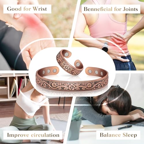 Mahnco Copper Bracelet for Women Pure Copper Magnetic Bracelet Jewelry Gift | 100% Pure Copper Cuff Bangle & Lymph Detox Ring with 3500 Gauss Magnets, Adjustable, Vintage Flower