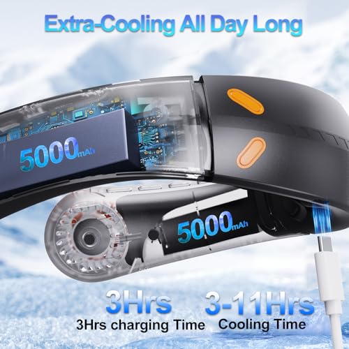 Portable Neck Fan, 5000mAh Bladeless Fan with 3 Built-in Fans, Instant Cooling 360° Surround Airflow & LED Display, Wearable Personal Fan for Outdoor, Travel, Gifts for Women Men (Black)