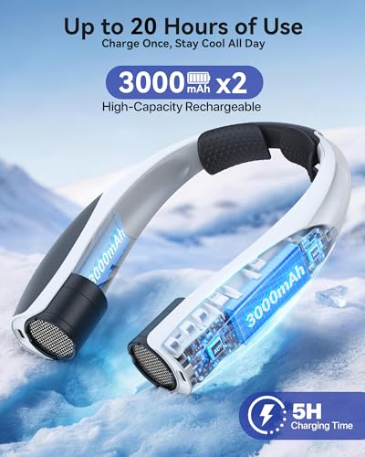 Kesguar Portable Neck Fan, 20H RunTime Cooling Fan, 6 Speeds 360° Airflow Personal Fan, Rechargeable Hands Free with 6000mAh Battery Wearable Fan Gifts for Women Men Outdoor Travel Camping