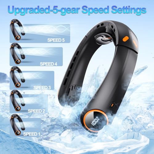 Portable Neck Fan, 5000mAh Bladeless Fan with 3 Built-in Fans, Instant Cooling 360° Surround Airflow & LED Display, Wearable Personal Fan for Outdoor, Travel, Gifts for Women Men (Black)