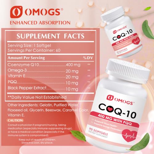 OMOGS CoQ10 400mg Softgels, Coenzyme Q10 High Absorption Supplements Support Heart Health, Cardiovascular Health, Immune System & Cellular Energy Production, Gluten Free, 90 Softgels