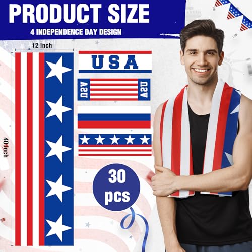 Fanfanwin 30 Pack Flag Day 250 Years Cooling Towels Bulk American Flag Chilly Towels for Neck Face 40 x 12 Inch Cool Breathable Soft Ice Cold Washcloth for Sports Running Gym Yoga Workout