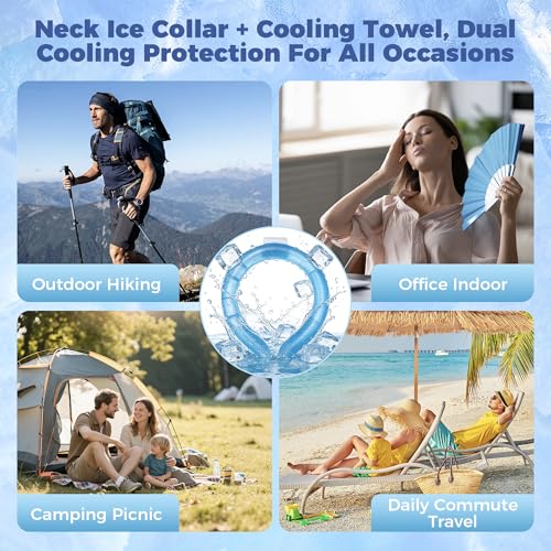 1 Sets Cooling Towel (Towel Color Random)+Cooling Neck Ring – Reusable PCM Cooling Ring Stays ~64°F for 60-120 Min, Quick Dry Microfiber Towel, Insulated Storage Bag for Family Outdoor Sports Hiking