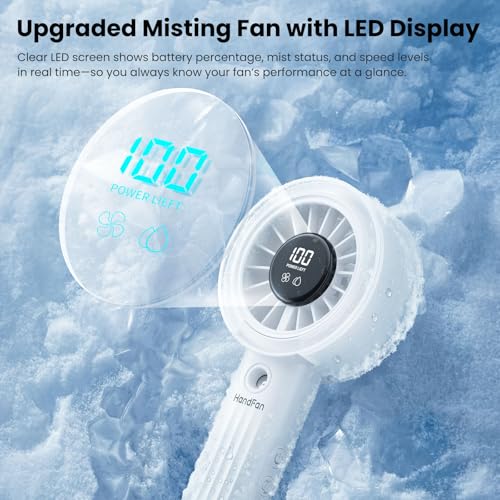 HandFan Upgraded Misting Fan with LED Display – Extreme Cooling Portable Handheld Fan with Water Mist Spray, 50% Stronger Airflow & Quieter, USB Rechargeable for Travel/Park/Disney/Beach/Concert/Game