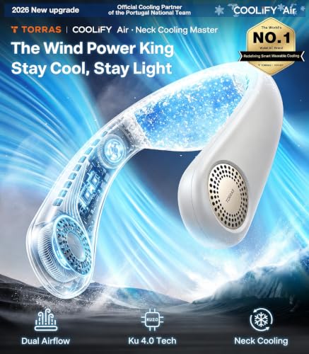 TORRAS COOLiFY Air 2026 Upgraded Neck Fan Air Conditioner, Dual-Airflow Pro Cooling, Ultra Light Portable Fan Rechargeable, Personal Cooling Fan Travel Essentials, Gift for Dad Father,Ivory White
