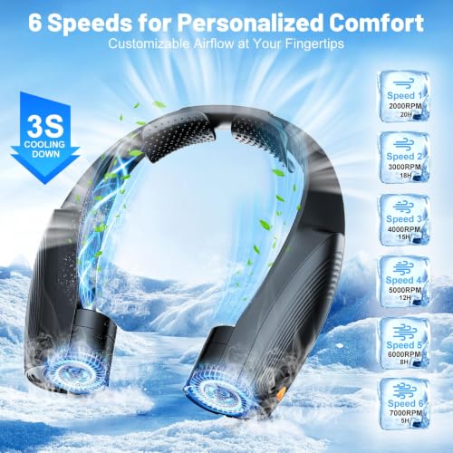Portable Neck Fan with 6 Powerful Speeds, 8000mAh Battery Rechargeable Fan | 20H Runtime, Hands-Free 360° Cooling Personal Wearable Neck Fan, Gift for Women Men Travel Concerts
