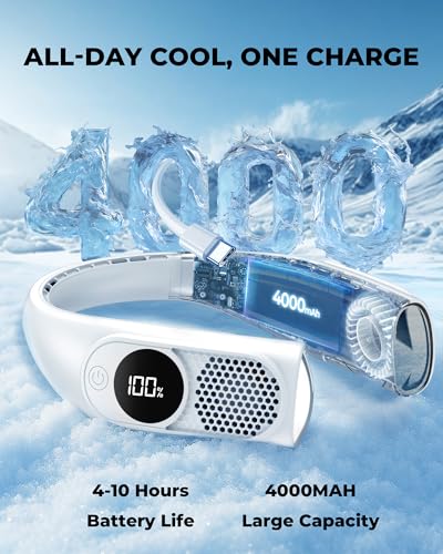 GOTOTO Portable Neck Fans that Blow Cold Air, Wearable Bladeless Neck Fan | Rechargeable 360° Personal Fan Neck Cooler, 3-Speed, LED Display, 4000mAh, Type C, Travel, Outdoor, Birthday Gift for Women