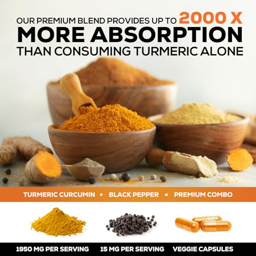 Turmeric Curcumin Supplement - 1950mg Organic Turmeric - 95% Curcuminoids & BioPerine Black Pepper Extract for Best Absorption - Natural Vegan Joint & Immune Support, Bottled in USA - 60 Capsules
