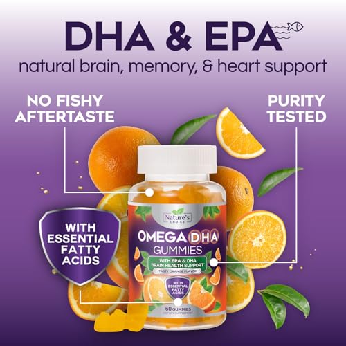 Omega 3 Fish Oil Gummies - Triple Strength Omega3 Gummy - DHA & EPA Fatty Acids for Heart Health, Joint & Brain Support, Nature's High Absorption Omega Fish Oil Supplement, Orange Flavor- 60 Gummies