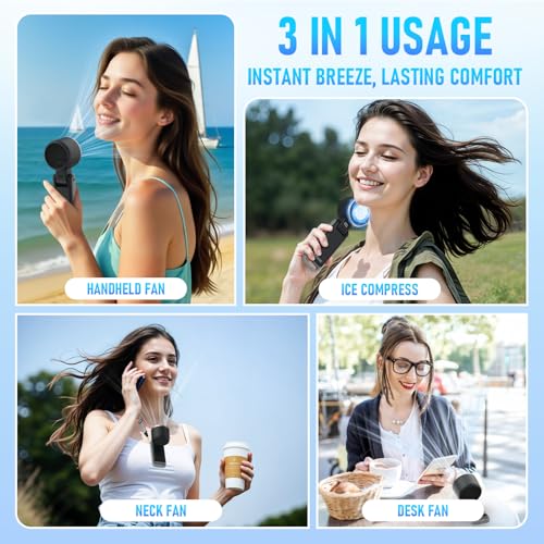 PlayHot Portable Handheld Cooling Fan, Travel Essentials, Gifts for Women | Instant Cooling, 10m/s Airflow, 5-Speed, 10H Max, USB-C Rechargeable, LED Display, 3-in-1 Foldable for Cruise, Beach Vacation