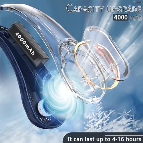 ASNUG Neck Fan, USB Rechargeable Personal Fan, 4000 mAh Battery Operated, 3 Speeds Adjustable, Faster Cooling, Ultra Quiet, Suitable for Home, Office, Travel, Sports