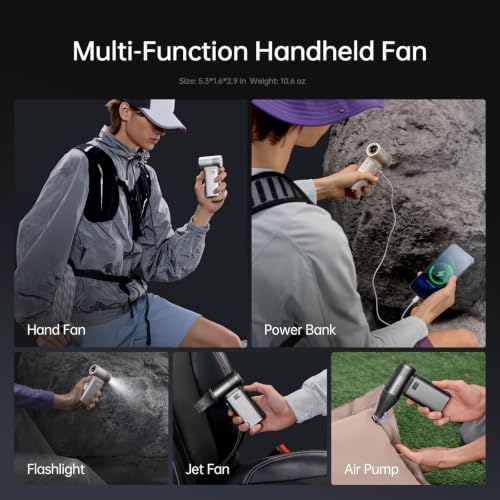 JISULIFE Portable Handheld Fan Ultra2 9000mAh Max 25 Hrs, 3 IN 1, 100 Speed | Rechargeable Turbo Fan 18W Power Bank with Flashlight, Metal Shell Multi-Function Travel Essentials Gift for Women Men-Grey