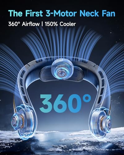 Neck Fan, 3 Turbo Portable Fans with Neck Support, 4 Speed & LED Display, 5200mAh Rechargeable Personal Fan, Hand-Free Wearable Bladeless Cooler, Gift for Travel Birthday, Men, Women