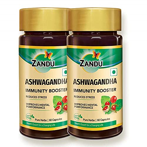 Zandu Ashwagandha Capsules (120 veg caps), Formulated with Pure Extracts of Ashwagandha, Immunity Booster, For Natural Body Strength, Stress Buster (Pack of 60 x 2)