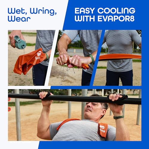 Evapor8 Cooling Towels with 2 Silicone Cases, 4 Pack, UPF 50 | Neck and face towel, snap-activated fabric for extreme heat, gym workouts, running, hiking, travel and beach days, 40” x 12”