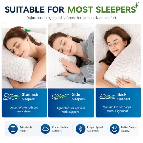 SUPA MODERN Cooling Pillow Queen Size Set of 2, CertiPUR-US Shredded Memory Foam Pillows for Sleeping, Cool Bed Pillows for Hot Sleepers, Adjustable Firm Pillow for Side,Back,Stomach Sleepers