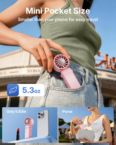 SWEETFULL Mini Portable Fan with Ice Cooling, Lightweight Handheld Pocket Turbo Fan Rechargeable, 3 Speed, Foldable Personal Hand Fan for Travel, Beach Vacation, Women Girls (Pink)