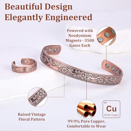 BioMag Copper Magnetic Bracelet Set for Women Men, Pure Copper Jewelry Gift | 99.99% Pure Copper Cuff Bangle Lymphatic Drainage Rings with 3500 Gauss Magnets, Adjustable & Flower Pattern, Multicolor