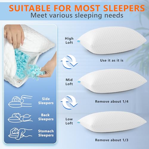 UYWO Cooling Pillows Queen Size Set of 2, Adjustable Memory Foam Pillows | Firm/Soft Cooling Bed Pillows for Side/Back/Stomach Sleepers, Ergonomic Neck Support Pillow