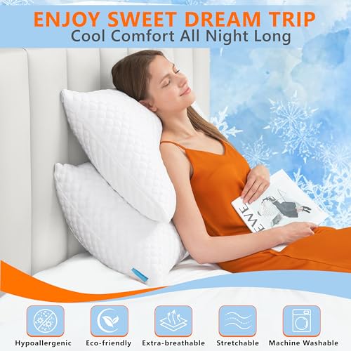UYWO Cooling Pillows Queen Size Set of 2, Adjustable Memory Foam Pillows | Firm/Soft Cooling Bed Pillows for Side/Back/Stomach Sleepers, Ergonomic Neck Support Pillow
