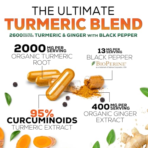 Turmeric Curcumin Supplement 2600mg with Organic Turmeric & Ginger - 95% Curcuminoids & BioPerine Black Pepper Extract for Best Absorption - Natural Vegan Joint Support, Bottled in USA - 60 Capsules