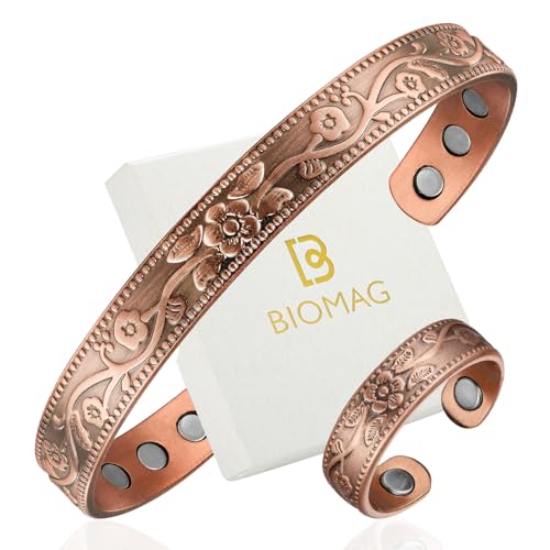 BioMag Copper Magnetic Bracelet Set for Women Men, Pure Copper Jewelry Gift | 99.99% Pure Copper Cuff Bangle Lymphatic Drainage Rings with 3500 Gauss Magnets, Adjustable & Flower Pattern, Multicolor