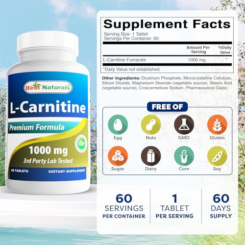 Best Naturals L-Carnitine 1000mg 60 Tablets (60 Count (Pack of 1))