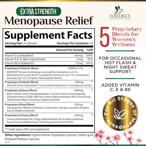 Menopause Supplement for Women - Natural Menopause Relief Support for Mild Hot Flashes & Night Sweats - Best Probiotics for Women, Dong Quai, Black Cohosh, Ashwagandha - Bottled in USA - 60 Capsules
