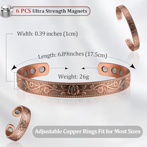 BioMag Copper Magnetic Bracelet Set for Women Men, Pure Copper Jewelry Gift | 99.99% Pure Copper Cuff Bangle Lymphatic Drainage Rings with 3500 Gauss Magnets, Adjustable & Flower Pattern, Multicolor