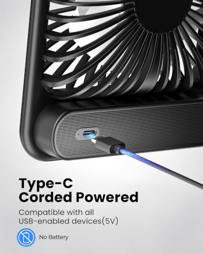 Koonie USB Desk Fan, Strong Wind Ultra Quiet Small Mini Fan | 180° Tilt Folding & 3 Speeds Adjustable, USB-C Corded Powered Personal Fan for Office Desktop Bedroom, Black, NO BATTERY