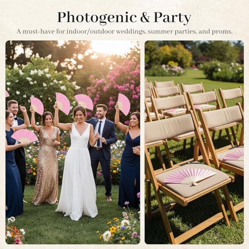 JOHOUSE 12 PCS Pink Foldable Hand Fan, 8.3 Inch Paper Fans for Women | Wedding Baby Shower Princess Theme Party Decorations, Party Bachelorette Engagement, DIY Crafts Photography Props