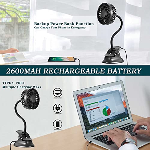 Clip On USB Mini Desk Fan with Emergency Power Bank, Battery Operated Rechargeable Portable Fan - Flexible Neck, 3 Speed Personal Cooling for Car, Camping, Office, Dorm, Beach - Black