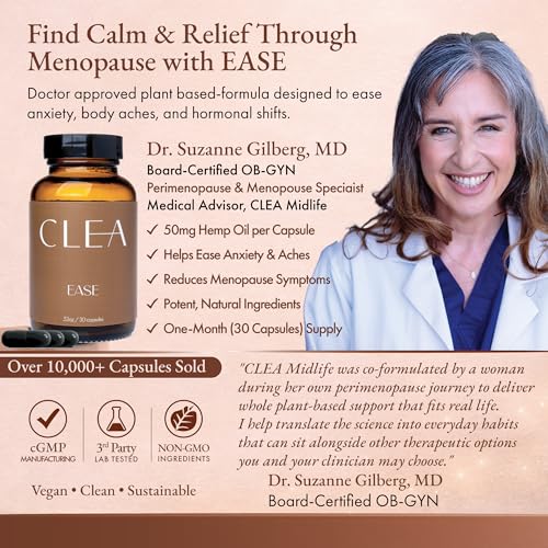 Ease – Menopause Support for Stress, Mood & Aches - Trusted by Dr Suzanne Gilberg MD - 50mg Premium Organic Hemp Oil - Feel Calm During Perimenopause & Menopause, Natural Cortisol Manager, 30 Capsules