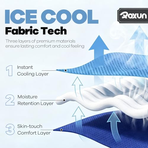 ROXUN Cooling Towels, 4 Pack (40''x12'') Chilly Ice Rags for Neck and Face | Gray+Dark Gray+Blue+Black, Soft Breathable, Sports and Outdoor Workouts, Comes with Storage Bags & Carabiners