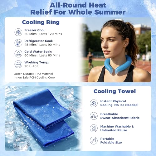 1 Sets Cooling Towel (Towel Color Random)+Cooling Neck Ring – Reusable PCM Cooling Ring Stays ~64°F for 60-120 Min, Quick Dry Microfiber Towel, Insulated Storage Bag for Family Outdoor Sports Hiking