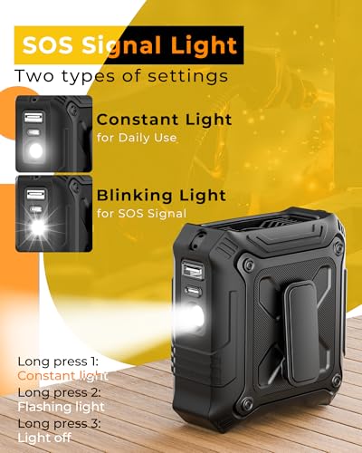 TUNISE Portable Fan with 5-Speed Settings, Dual-Sided Clip on Wearable Belt Waist Fan for 8000mAh, 2 Settings including Flashlight,Travel Essential for Outdoor Camping as Power Bank