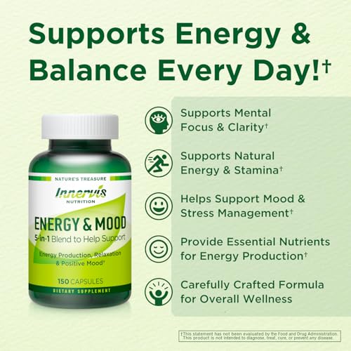 Energy & Mood Supplement – Boost Energy & Reduce Fatigue, Support Relaxation – 150 Capsules – Non-GMO, 3rd Party Tested – Innervis Nutrition