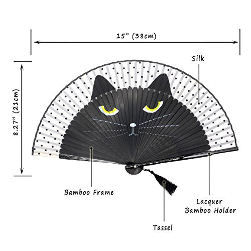 OMyTea Hand Fan Foldable for Women, Japanese Chinese Folding Fan, Black Cat