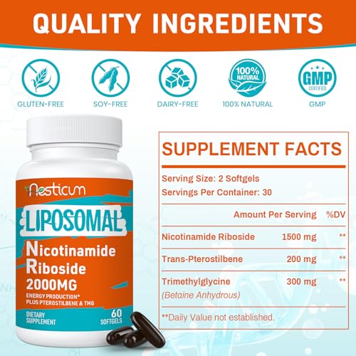 Liposomal Nicotinamide Riboside 2000mg, NAD+ Supplement, 60 Softgels