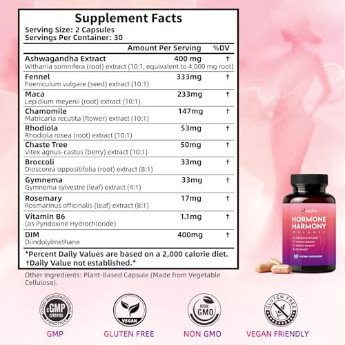 Hormone Harmony for Women – Natural Hormonal Balance Ashwagandha, Rhodiola, Support for Menopause Relief, Hot Flashes, Mood Swings Bloating Relief – 60 Capsules