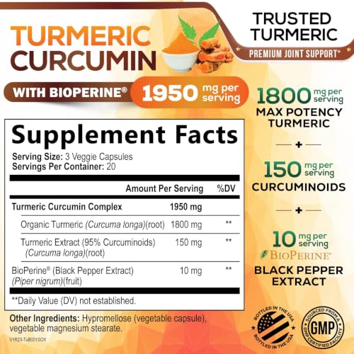Turmeric Curcumin Supplement - 1950mg Organic Turmeric - 95% Curcuminoids & BioPerine Black Pepper Extract for Best Absorption - Natural Vegan Joint & Immune Support, Bottled in USA - 60 Capsules