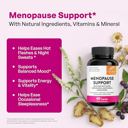 Menopause Support Supplements for Women, Black Cohosh Ashwagandha 60 Count | Vitamins D3, B6, B12, Magnesium, Dong Quai, Chaste Tree Berry, Gluten-Free Capsules, Made In USA Supplement By Sandhu's