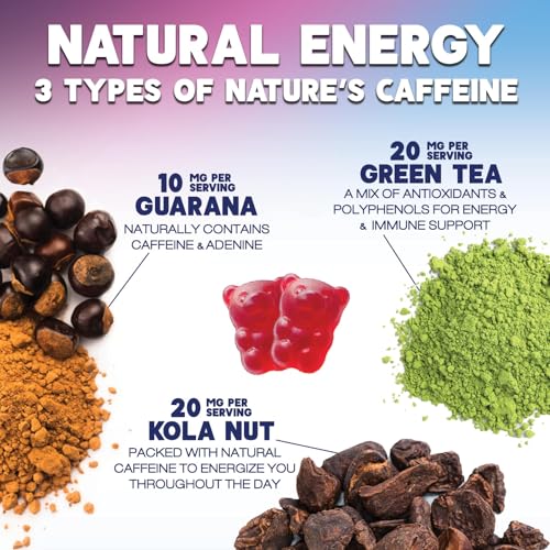 Energy Gummies - Vitamin B12 1000mcg - 3X Clean Energy & Focus Gummy with Natural Caffeine from Green Tea - Berry Flavored Pre Workout Exercise Supplement for Running Cycling & Sports - 60 Gummies